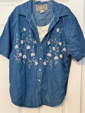 Vintage Tantrum Blues 2 Piece Denim Floral Embroidered 90s Mom Button Down XL